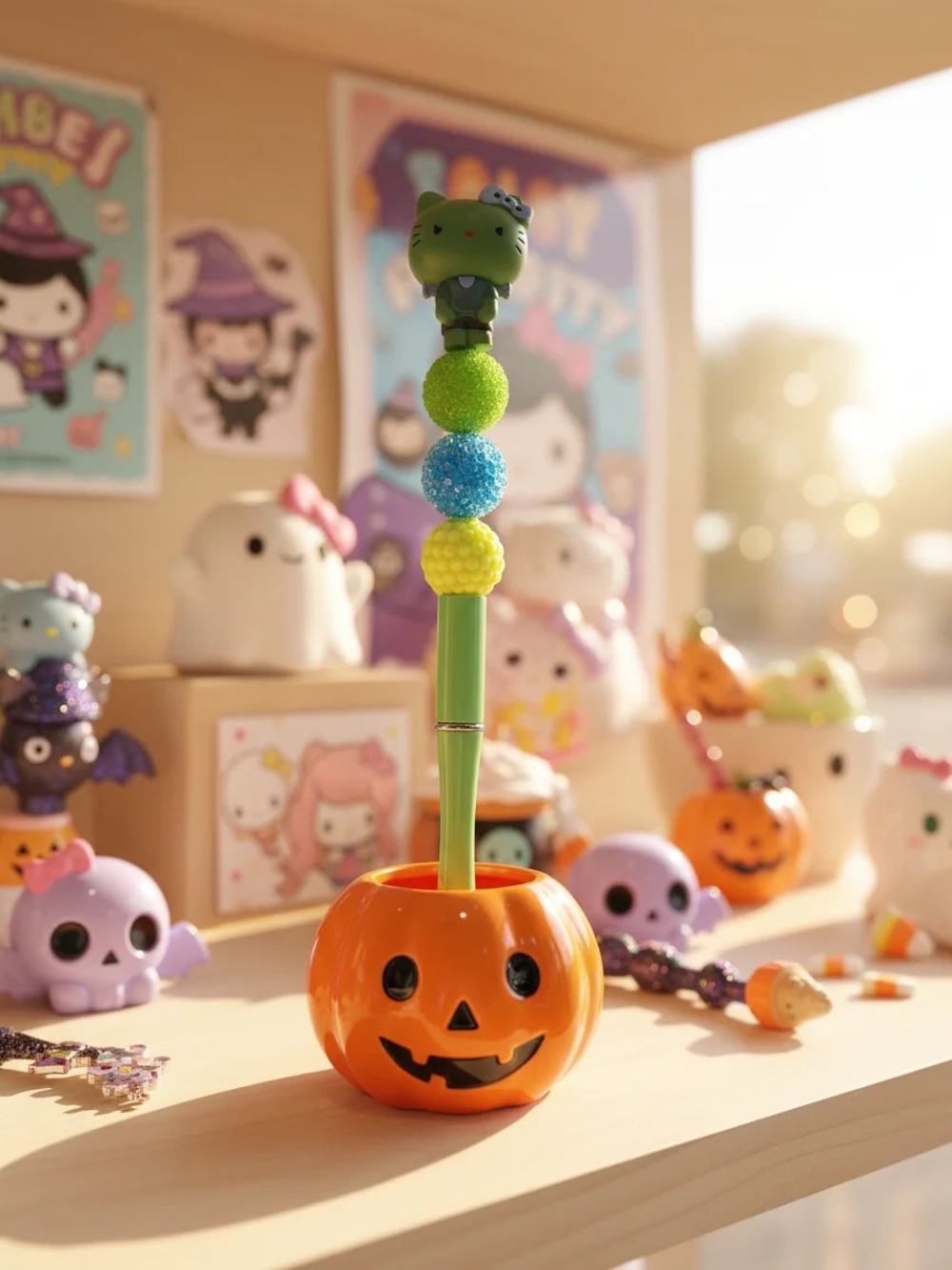 Green Novelty Frankenstein Hello Kitty Themed Pen with Decorative Beads